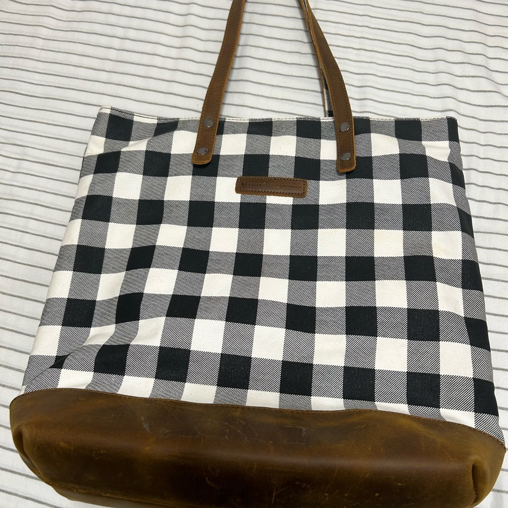 Black and White Checkered Tote Bag with Brown Accents